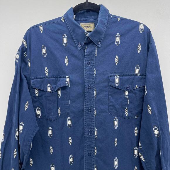 Vintage Roper Western Shirt Mens Large Navy Blue Southwest Print LS Button Down - Picture 3 of 5